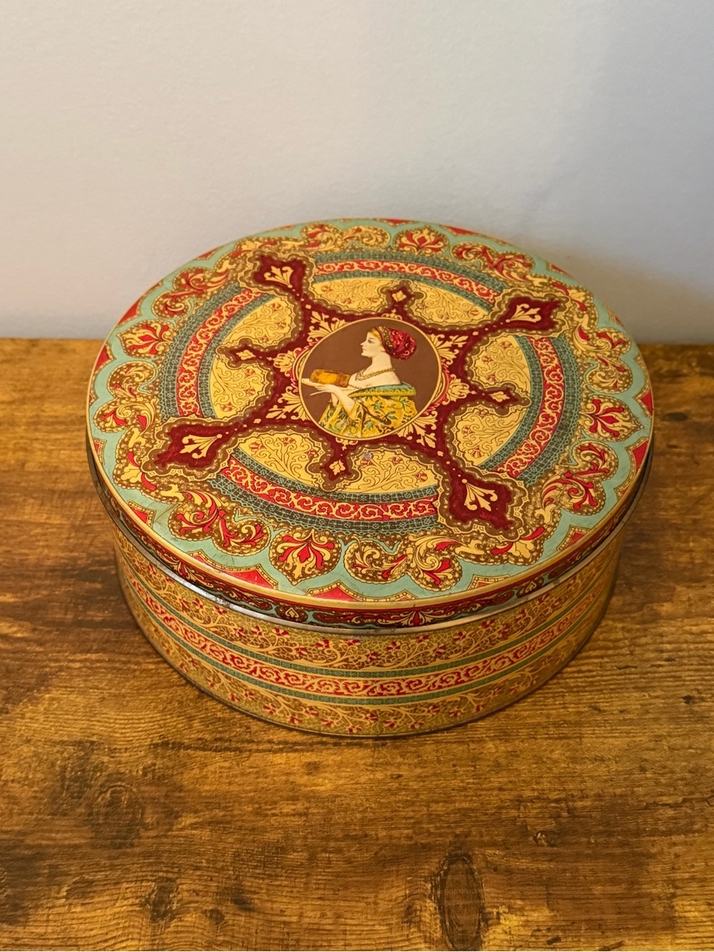 Vintage Hostess Fruit Cake Tin Victorian Lady Ornate Litho Advertising Decor